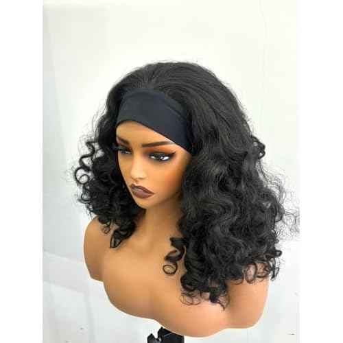 YAKI Body Wave Headband Wig Loose Curly Heabdand Wigs Glueless Synthetic Hair Natural Black Wigs for Black Women None Lace Front Wigs Headband Wigs 150% Density (Short)