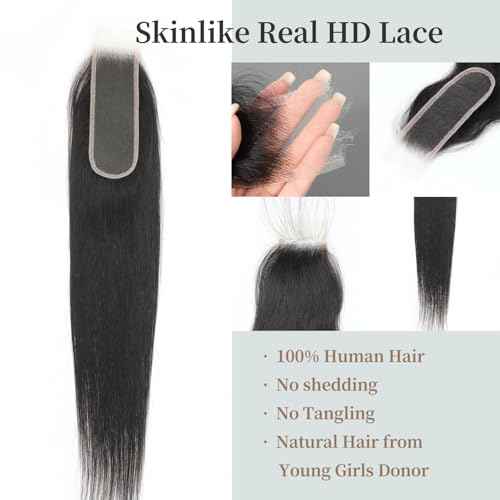 2x6 SKINLIKE HD Lace Closure Straight Human Hair 0.095mm Ultra-thin Invisible Lace Closure Brazilian Virgin Human Hair Closure pre plucked with Natural Hairline 20inch