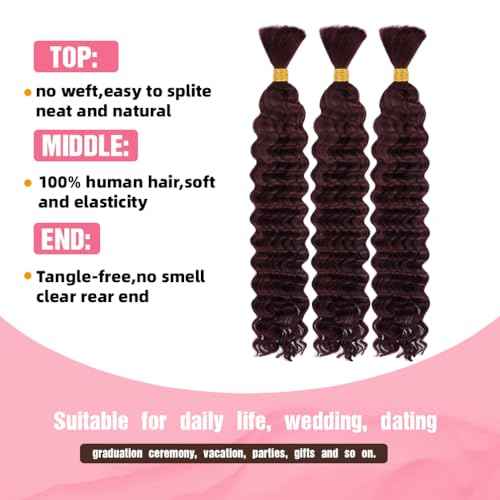 Human Braiding Hair, 3 Bundle 150g 20 Inch Boho Braids Human Hair 10A Deep Wave Bulk Brazilian Virgin No Weft Wavy Hair Extension for Boho Knotless Bohemian Micro Braid Bulk for Braiding 99J