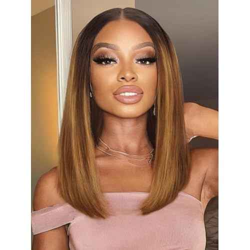 Beauty Forever Bob Wig Human Hair Brown With Blonde Piano Highlights Blunt Straight Wig Glueless 7x5 HD Lace Front Pre Cut Plucked Bye Bye Knots Ready to Go Short Wig 150% Density 14 Inches