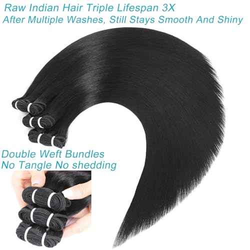 Indian Raw 1 Bundle Human Hair,16A Super Soft Silky Straight Human Hair Bundles,Salon Quality Full And Thick No Tangle Triple Lifespan Than Regular Virgin Hair Natural Black 16 Inch