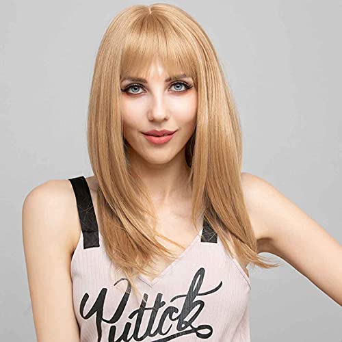 SOKU Strawberry Blonde Synthetic Wig 20 Inch Natural Straight Hair with Fringe Bangs Flawless Hairline Glueless Machine Made Wigs for Women Girls Party Costume Wig Soft Hair Realistic Wigs