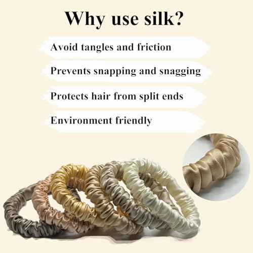 6 Pcs Set 100% Pure Mulberry Silk Scrunchies Hair Ties with 6 Chic Colors Everyday Skinny Scrunchies Silk Ponytail Holders Hair Care No Damage (Champagne)