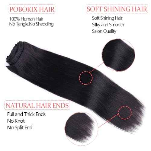 26Inch Clip in Hair Extensions Real Human Hair Straight 8Pcs Remy Hair Extensions Clip in Human Hair with 18Clips Double Lace Weft 120g Natural Black