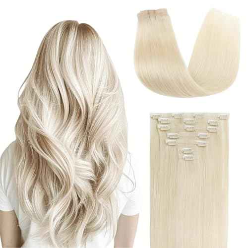 Clip in Extensions Real Human Hair 7pcs, Natural and Seamless 90g (Platinum Blonde, 22 inch)