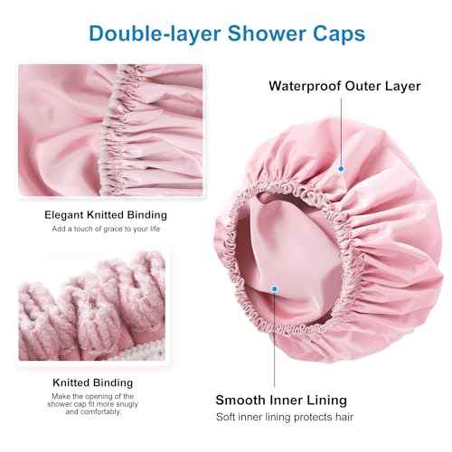 Shower Cap for Women, Double Layer Waterproof Bath Cap, Reusable Hair Protector, Large Waterproof Shower Bonnet Washable Elastic Band Bath Hair Hat for Long Hair, Braids£¬ - Pink