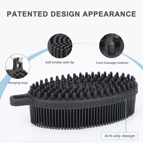 FREATECH Silicone Body Scrubber Gentle Exfoliating Bath Shower Body Cleansing Brush, More Hygienic Than Loofah, Easy to Clean and Durable, for Men Women Kids, Sensitive Skin, Black