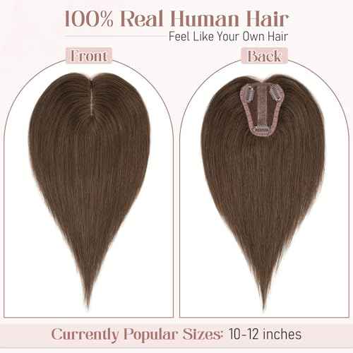 Hairro Real Human Hair Toppers, Clips in 100% Human Hairpieces for Women, 3.15"x3.94" Silk Base for Covering Thinning/Greyish Hair on Top, 14 Inch Brunette Brown