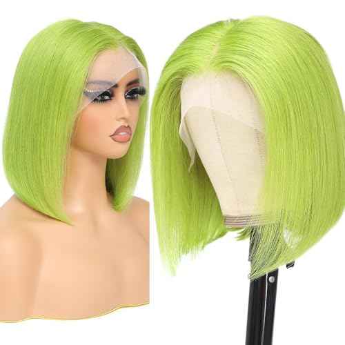 Green 13x4 Bob Straight Lace Front Wigs Human Hair 180 Density UHD Transparent Lace Front Wigs Human Hair Pre Plucked Pre Cut Lace Glueless Wig Virgin Colored HumanHair Wigs For Women 14Inch