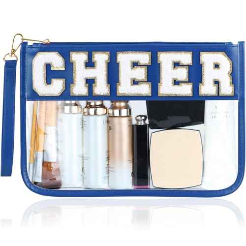 Cheer Chenille Letter Bags Clear Makeup Bag, Cheerleader Gifts Cosmetic Bag, Varsity Preppy Patch Flat Pouch Cheer Accessories, Waterproof PVC Organizer Toiletry Bag for Women Girls Navy Blue