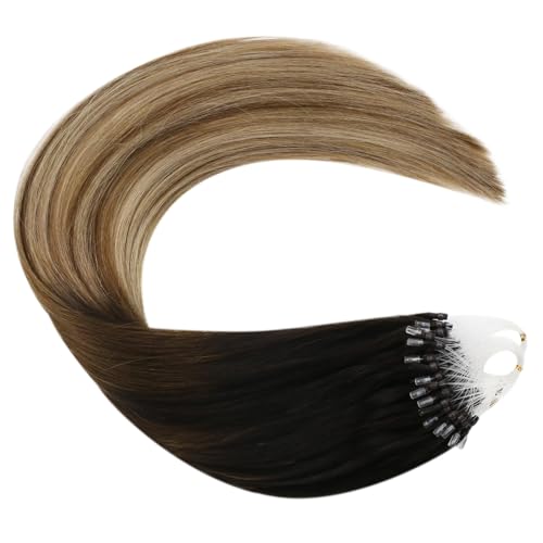 Ugeat Microloop Hair Extensions Real Human Hair Darkest Brown Mix Medium Brown with Golden Blonde Balayage Micro Rings Hair Extensions 14 inch 50S 50G