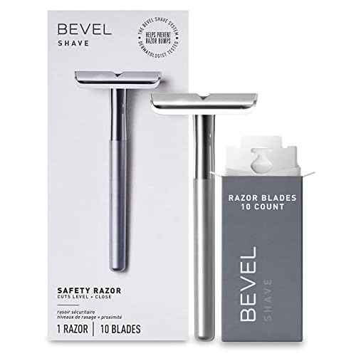 Bevel Safety Razor with Brass Weighted Handle and 10 Double Edge Safety Blade Refills, Single Blade Razor for Men, Designed for Coarse Hair to Prevent Razor Bumps - Silver (Packaging May Vary)