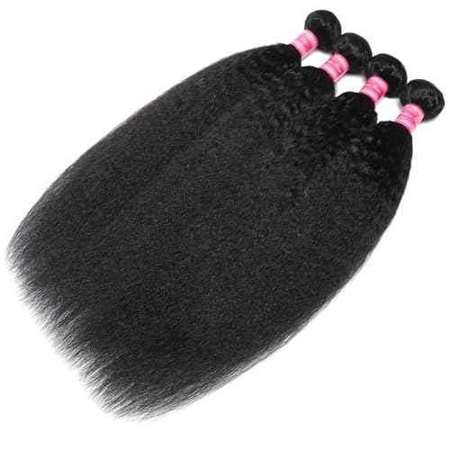 4 Bundles Kinky Straight 18 20 22 24 Inch Human Hair Yaki Straight Bundles 100% Unprocessed Weave Raw Hair 12A Brazilian Virgin Kinkystraight Natural Color Hair Extensions