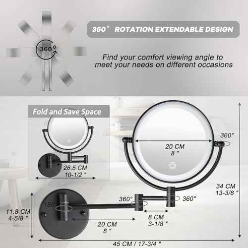 8" Wall Mounted Lighted Makeup Vanity Mirror with 3 Color Lights Stepless Dimming, 1X/10X Magnifying LED 2-Sided Bathroom Touch Sensor Extendable Arm 360 Swivel Shaving Mirror Hardwired, Matte Black