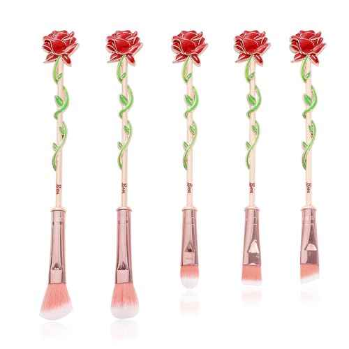 Rose Eye Makeup Brush Set - 5pcs Metal Wand Makeup Brushes Soft Synthetic Fiber Eyebrow EyeshadowFoundation Blending Lips Brushes Makeup Tools, Gift for Women Sister Girlfriend (New Rose Gold)