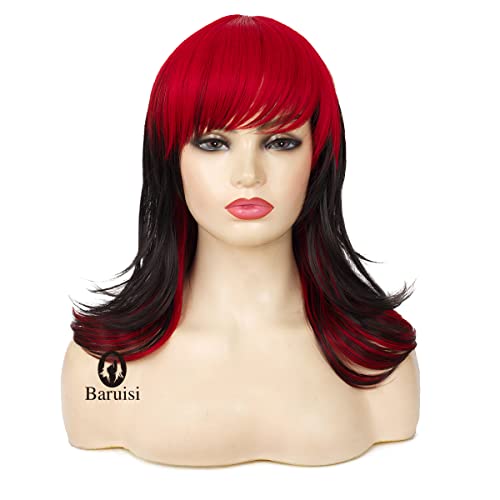 Baruisi Black Red Wigs for Women Shoulder Length Layered Shaggy Wig with Bangs Synthetic Halloween Cosplay Wig