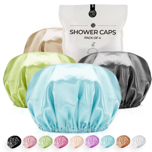 Shower Cap for Women Reusable Extra Large Shower Caps for Men Satin Double Layer EVA Waterproof Long Hair Caps(Baby Blue, Brown, Dark Grey, Green 4 Pack)