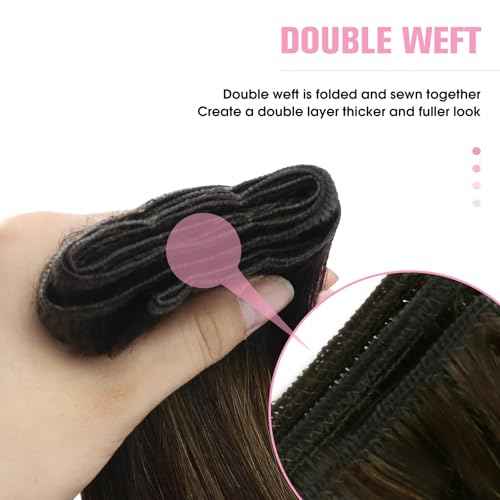 YoungSee 18 Inch Weft Hair Extensions Balayage Human Hair Weft Extensions Dark Brown Mix Medium Brown Highlights Sew in Hair Extension Real Human Hair for Women 100G