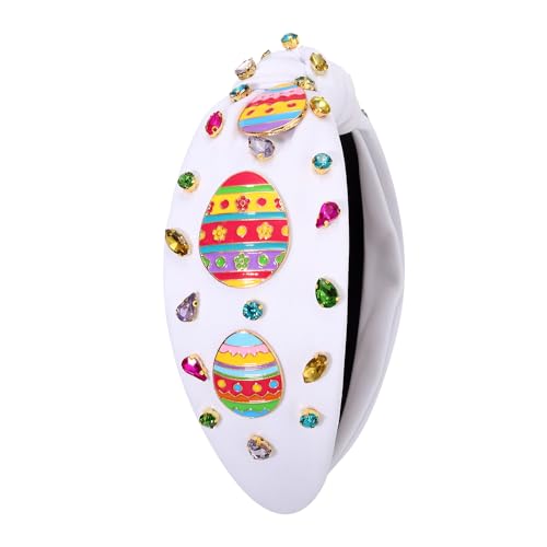 Easter Headband Cute Bunny Carrot Egg Charm Knotted Headband Colorful Rhinestone Jewelry Wide Knot Head Band Easter Hair Acccessories Gift for Women Girls (Easter egg knot headband D)