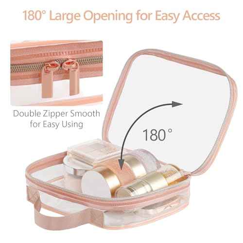 PACKISM Clear Makeup Bag - 2 Pack TSA Approved Toiletry Bag with Handle and 180¡Æ Large Opening, Clear Toiletry Bag Fit Carry-on Travel Essential, Travel Bags for Toiletries, Rose Pink