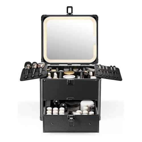 Qislee Makeup Box with Drawer and A Detachable Lighted Mirror, Waterproof Travel Train Case, Cosmetic Organizer and Makeup Suitcase with Adjustable Dividers, Magnetic LED Mirror (Black)