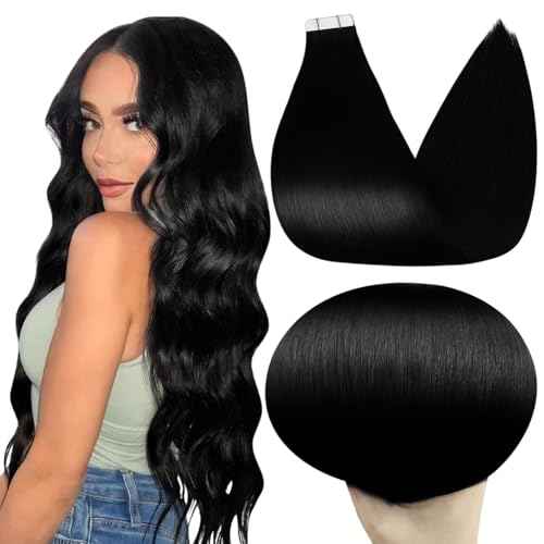 Full Shine Human Hair Tape in Extensions 24Inch Long Hair Extensions Color 1 Jet Black Invisible Tape in Hair Extensions Remy Hair 40Pcs Skin Weft Human Hair Extensions 100G Add Length