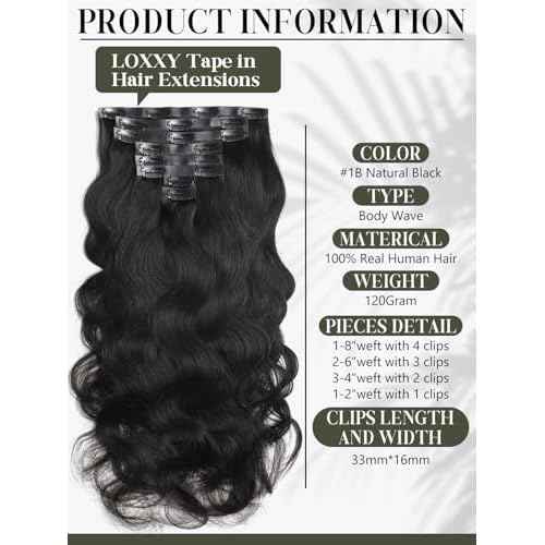 Loxxy Body Wave Clip in Hair Extensions, 20 Inch Natural Black Body Wave Seamless Clip Ins Human Hair Extensions #1B 7Pieces 110g PU Weft Easy Application