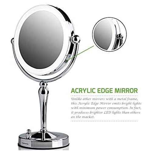 Ovente Lighted Makeup Mirror Tabletop 7.5'' 360 Degree Double Sided Spinning 1X 10X Round Magnifier, LED with Dimmer Switch, Acrylic Edge, Battery & USB Adapter Operated, Polished Chrome MKT75CH1X10X