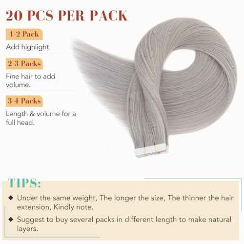 Hairro Tape In Human Hair Extensions For Women 22 inch 50g 20pcs #SILVER