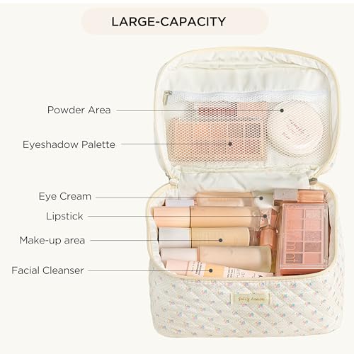 HBselect 2Pcs Double Layer Travel Makeup Bag Women, Cotton Quilted Makeup Bag Coquette Makeup Bag Large Travel Cosmetic Bag Aesthetic Cute Kawaii Cherry Makeup Bag Toiletry Bags for Women Girls