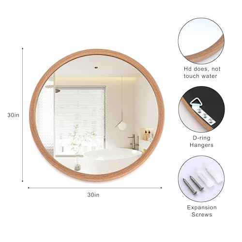 Round Wall Mirror 20/30 Inch Walnut/Oak Wood Grain Rustic Framed Vanity Wall Mounted Bathroom Brown Farmhouse Mirror for Living Room Mantel Entryway Bedroom Hallways (Oak, 30" L x 30" W)