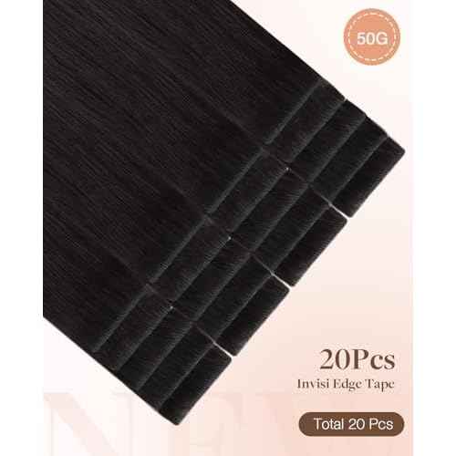 GOO GOO Invisi Edge Tape in Hair Extensions Human Hair, 1B Natural black 20pcs 24inch 50g, Virgin Remy Hair, Seamless Injected Tape, Natural Look