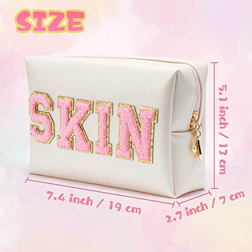 Y1tvei 4Pcs Preppy Patch Varsity Letter Makeup Bag Sewn with Pink Skin Hair Face Stuff Chenille Letter Cosmetic Toiletry Bag PU Leather Waterproof Portable Zipper Purse Travel Organizer for Women Girl