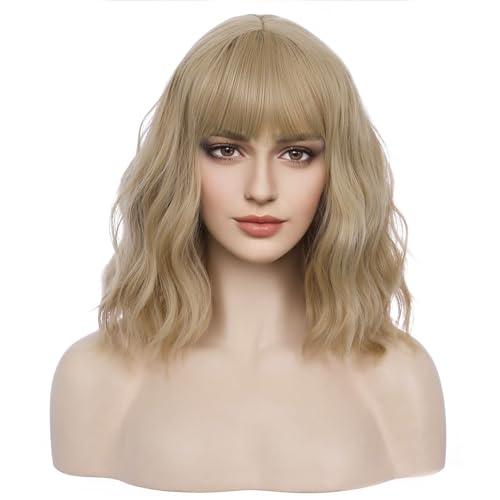 BERON Blonde Wigs for Womens Short Curly Wavy Wig with Bangs Girls Dark Blond Wigs Heat Resistant Synthetic Hair Party Daily Use Wigs