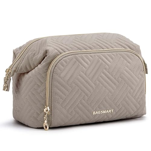 BAGSMART Travel Makeup Bag, Cosmetic Bag Small Make Up Organizer Case,Wide-open Pouch for Women Purse for Toiletries Accessories Brushes,Small Tranquil Gray