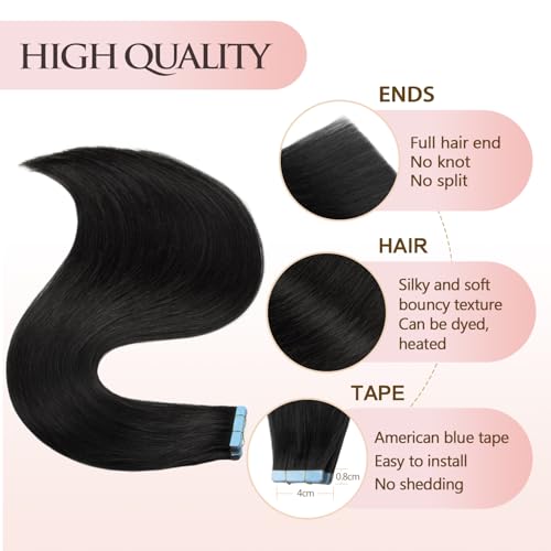 Tape in Hair Extensions Human Hair 14 inches Jet Black 20pcs 40g/pack Straight Seamless Weft Skin Invisible Thick Human Hair Tape in Extensions(14 inches #1 Jet Black)