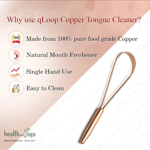 HealthAndYoga™ qLoop Copper Tongue Cleaner – Easy One Hand Use – Larger Surface Coverage – Ayurvedic Copper Health for Fresh Breath and Total Oral Hygiene (Single)