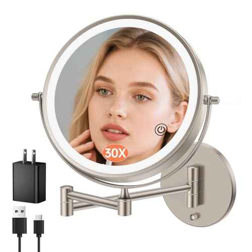 FUNTOUCH 9" 30X/1X Magnifying Wall Mounted Lighted Makeup Mirror, 4500mAh Rechargeable Double Sided Mirror with Light, 3 Color Lights,Touch Dimmable, 360 Rotation Extended Arm for Bathroom,Nickel