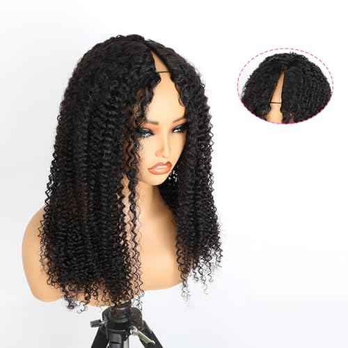 Domiso 22 Inch V Part Wig Human Hair Upgraded Afro Kinky Curly V Part Wigs Pre-Minimum Leave Out Anti Slip Elastic Band & Removable Clips Glueless Wigs 200% Density Half Wig Beginner Wigs