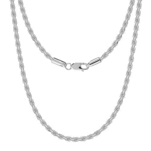 LeCalla Solid 925 Sterling Silver, 18K Gold Plated & Rhodium Plated 3 MM Diamond-Cut Braided Rope Chain Necklace for Men Women (18, 20, 22, 24, 26 Inches), Made in Italy