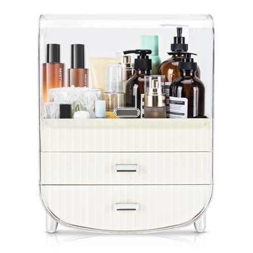 VUSIGN Makeup Organizer, Cosmetics Skincare Organizers with 3-Layer Storage Box and Transparent Cover, Vanity Organizer Countertop for Bathroom, Dresser, Ideal Gifts for Women, White