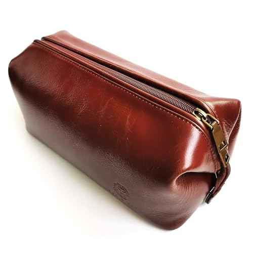 MAN & MANE Premium Leather Toiletry Bag for Men & Women ? Classic Dopp Kit Travel Shaving Bag (Cognac Brown)