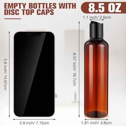 Mimorou 50 Pcs 8.5 oz Plastic Squeeze Bottle with Disc Top Flip Cap Empty Amber Refillable Container Small Travel Toiletry Bottle with Black Cap for Lotion Shampoo Oil Body Soap Creams