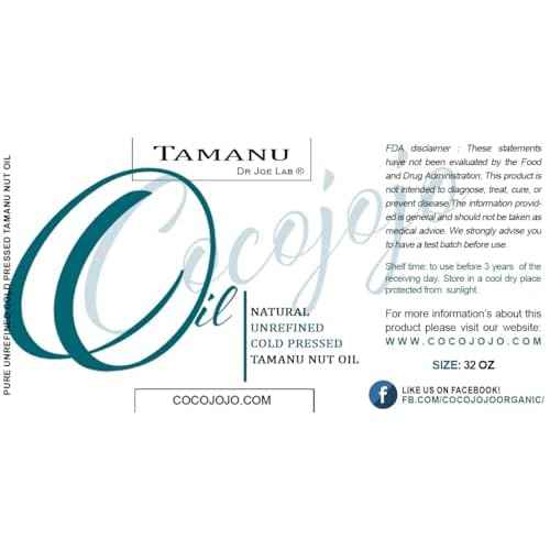 cocojojo Tamanu Oil Cold Pressed Pure Natural 32 oz Face Hair Skin Body Nails Rejuvenates Moisturizing Hydrating Unrefined