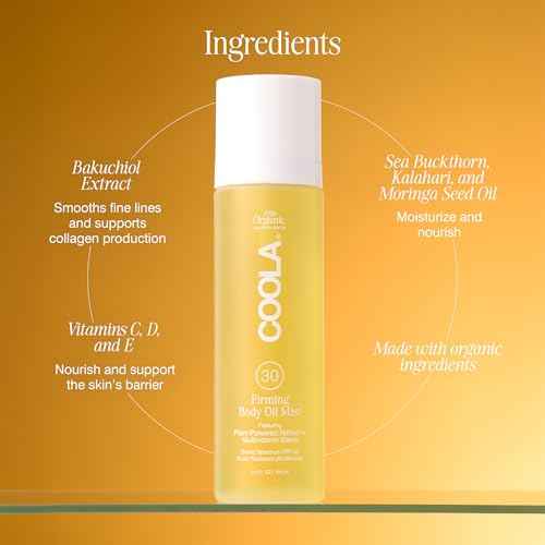 COOLA Firming Body Oil Mist SPF 30, Organic Lightweight Hydrating Sunscreen Mist with Bakuchiol, Vitamins C, D, E, Sea Buckthorn & Moringa Oils, Firms & Smooths Skin, 3.4 Oz