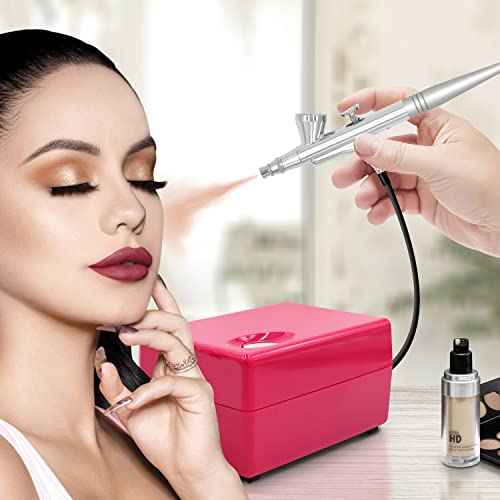 Airbrush Makeup Set Pinkiou Air Brush Kit for Face Paint with Mini Compressor 0.4mm Needle and Nozzle Nail Body Paint SP16 (RED)
