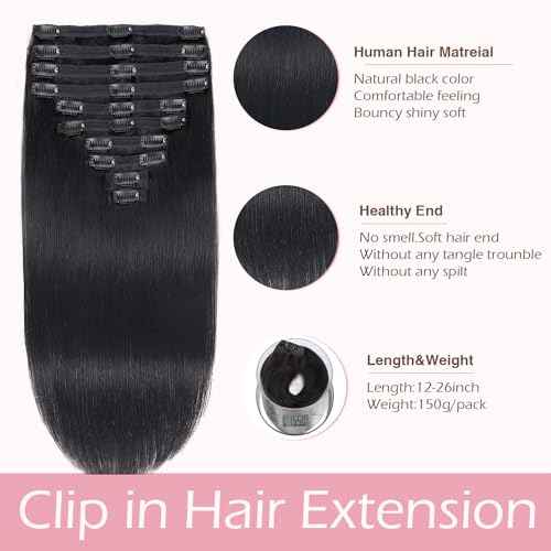 Clip in Hair Extensions Real Human Hair,18inch 150g 10Pcs with 24 clips,Natural Black,Straight Human Hair Clip in Hair Extensions for Black Women