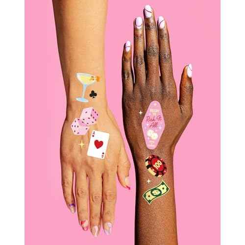 xo, Fetti Casino Temporary Tattoos - 50 Gold Foil | Bachelorette Decorations, Birthday Accessory, Las Vegas Bach Theme Favor, Game Night Bday Gift, Feeling Lucky Dice Decor, Girls Poker Party
