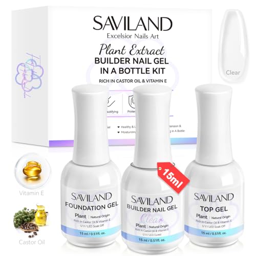 SAVILAND Clear Builder Nail Gel Kit: 3 Pcs 15ml Builder Nail Gel Base Top Gels with Castor Oil Vitamin E Apex Building for Thickening Extension Strengthening Repair Nails Art DIY Home Salon Gift Set