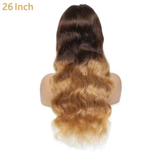 SUPER STYLE 30 Inch Honey Blonde Ombre 4/27 Lace Front Wigs Human Hair Body Wave Ombre Color 13x4 Lace Frontal Glueless Wigs Pre Plucked Bleached Knots for Black Women